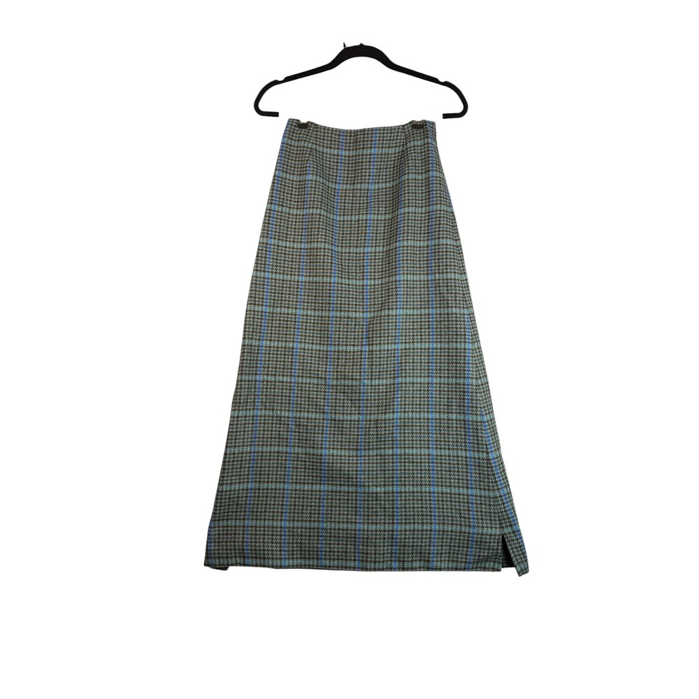 Calypso St. Barth Green Blue Houndstooth Plaid Maxi Skirt Side Slit Size S